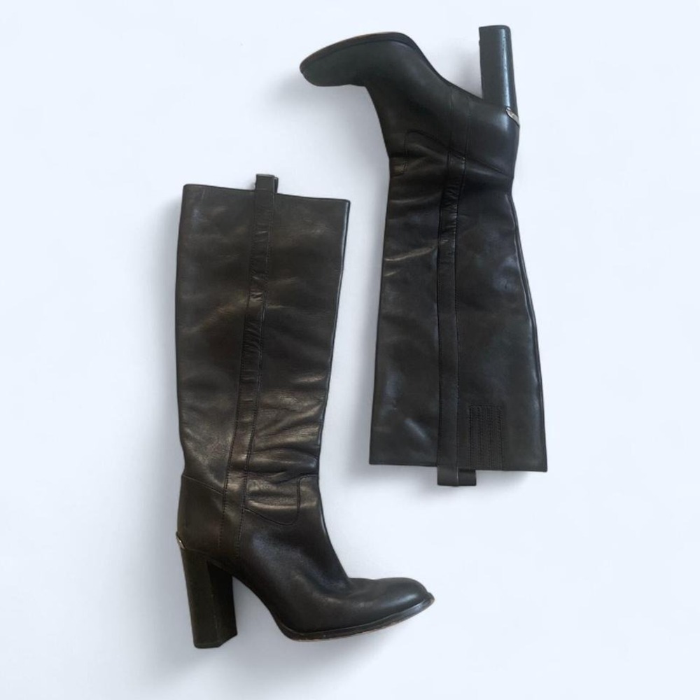 Michael Kors black‎ leather knee high pull on boots block heel size 8.5